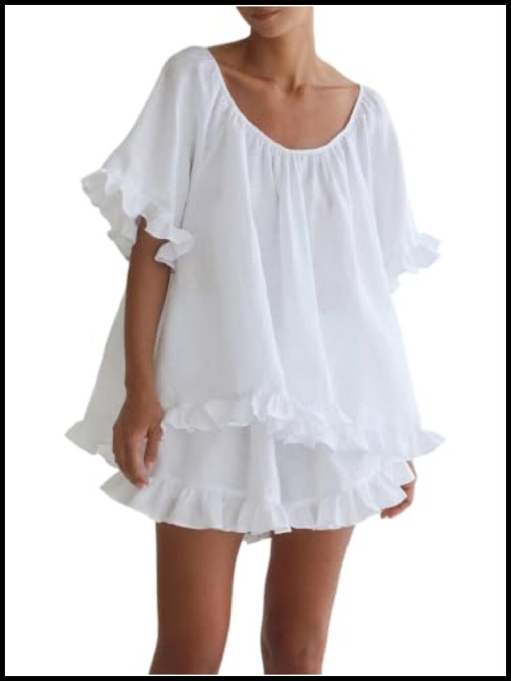 Women's Ruffle Cotton Pajama Set Short Sleeve Scoop Neck High-Low Hem